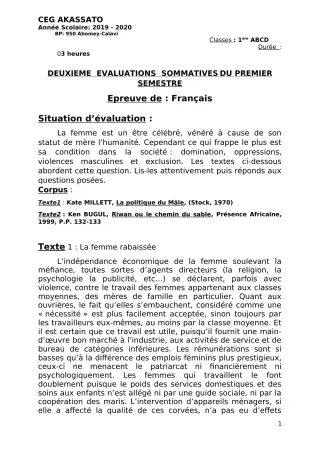 Première page de Français 1ère A, 1ère A1, 1ère A2, 1ère B, 1ère C, 1ère D — 2e évaluation sommative, 1er semestre (2019-2020) · CEG Akassato