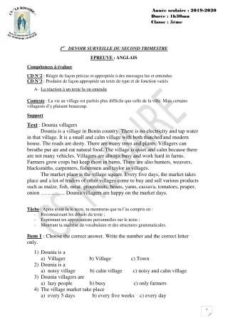 Première page de Anglais 5e — 1er devoir surveillé, 2e trimestre (2019-2020) · CPEG ROSAIRE