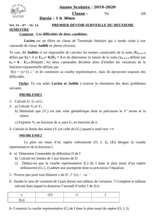 Première page de Mathématiques Tle A1, Tle A2, Tle B — 1er devoir surveillé, 2e semestre (2019-2020) · CEG Sô-Ava
