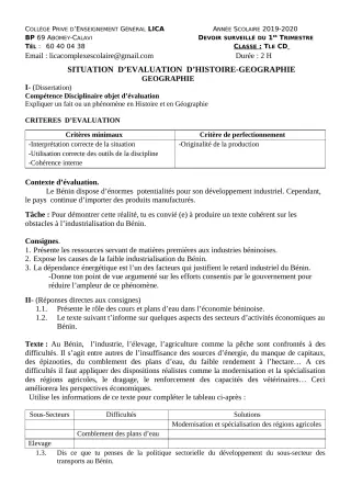 Première page de Histoire-Géographie Tle C, Tle D — Devoir surveillé, 1er trimestre (2019-2020) · CPEG LICA