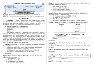 Première page de Anglais 6e, 4e, 4e ML, 3e, 3e ML, 2nde A2, 2nde B, 2nde C, 2nde D, 1ère A1, 1ère A2, 1ère B, 1ère C, 1ère D — 1er devoir surveillé, 1er semestre (2018-2019) · CEG 1 N'Dali