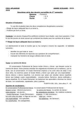 Première page de Espagnol 3e ML, 2nde A, 2nde A1, 2nde A2, 2nde B, 1ère A, 1ère A1, 1ère A2, Tle A1, Tle A2 — 2e devoir surveillé, 2e semestre (2019-2020) · CEG1 APLAHOUE