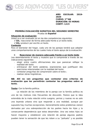 Première page de Espagnol 1ère B — 2019-2020 · CEG ADJOVICODJI 'LES OLIVIERS'