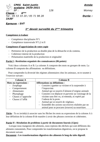 Première page de SVT 6e — 1er devoir surveillé, 2e trimestre (2020-2021) · CPEG SAINT Justin