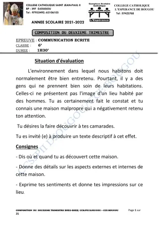 Première page de Français 6e, 5e, 4e, 4e ML, 3e, 3e ML, 2nde A1, 2nde A2, 2nde C, 1ère A1, 1ère A2, 1ère C, 1ère D, Tle A1, Tle A2, Tle C, Tle D — 2e composition, 2e trimestre (2021-2022) · CCJPII DJOUGOU