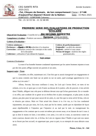 Première page de Philosophie 2nde A2, 2nde B, 2nde C, 2nde D, 1ère A2, 1ère B, 1ère C, 1ère D, Tle A2, Tle B, Tle C — 1re évaluation sommative, 2e semestre (2020-2021) · CEG Sainte Rita
