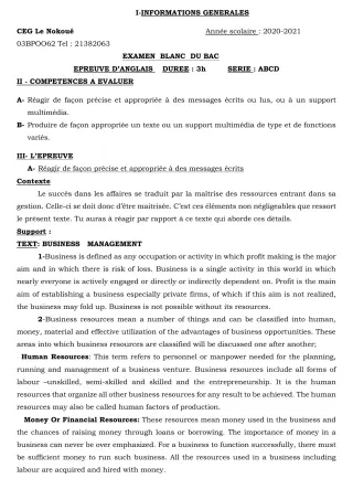 Première page de Examen Blanc de ANGLAIS — Tle A1, Tle A2, Tle B, Tle C, Tle D — CEG LE NOKOUE (2020)