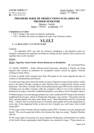 Première page de Anglais Tle A1, Tle A2, Tle B, Tle C, Tle D — 1re production scolaire, 1er semestre (2021-2022) · Lycée Toffa 1er