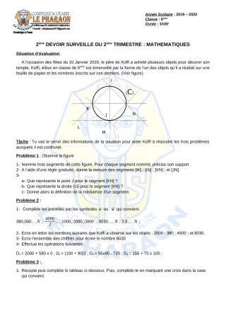 Première page de Mathématiques 6e — 2e devoir surveillé, 2e trimestre (2019-2020) · CPEG LE PHARAON