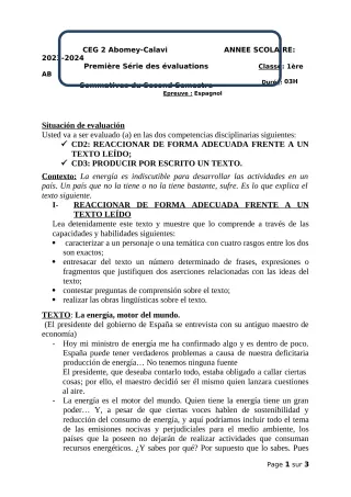 Première page de Espagnol 1ère A & B — 1re évaluation sommative, 2e semestre (2023-2024) · CEG2 ABOMEY - CALAVI (CEG ZOCA)