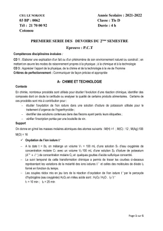 Première page de PCT Tle D — 1er devoir surveillé, 2e semestre (2021-2022) · CEG LE NOKOUE