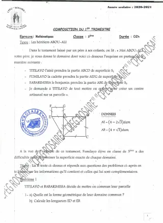 Première page de Mathématiques 3e, 3e ML — 1re composition, 1er trimestre (2020-2021) · CPEG ROSAIRE