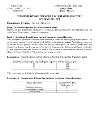 Première page de SVT 3e, 3e ML — 2e devoir surveillé, 1er semestre (2019-2020) · CEG du Lac