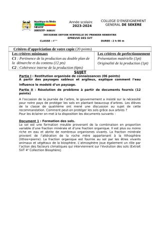 Première page de SVT 4e — 2e devoir surveillé, 1er semestre (2023-2024) · CEG SEKERE