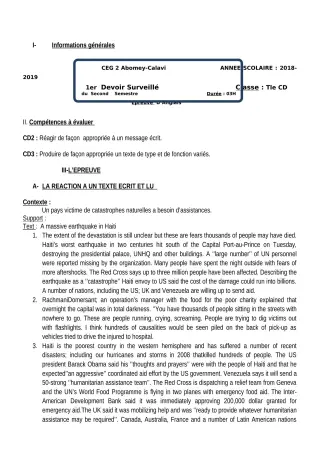 Première page de Anglais Tle C, Tle D — 1er devoir surveillé, 2e semestre (2018-2019) · CEG2 ABOMEY - CALAVI (CEG ZOCA)