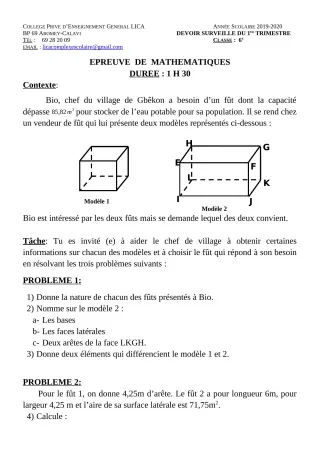 Première page de Mathématiques 6e — Devoir surveillé, 1er trimestre (2019-2020) · CPEG LICA