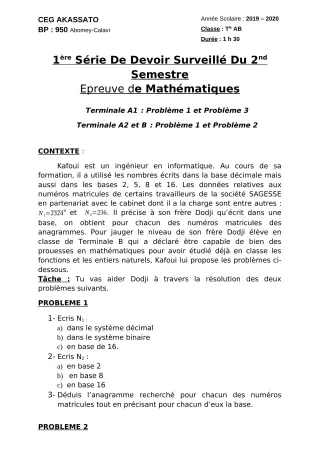 Première page de Mathématiques Tle A1, Tle A2, Tle B — 1er devoir surveillé, 2e semestre (2019-2020) · CEG Akassato
