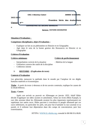 Première page de Histoire-Géographie 4e — 1re évaluation sommative, 2e semestre (2022-2023) · CEG2 ABOMEY - CALAVI (CEG ZOCA)