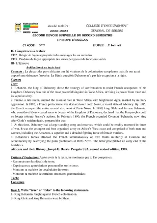 Première page de Anglais 3e, 3e ML — 2e devoir surveillé, 2e semestre (2020-2021) · CEG SEKERE