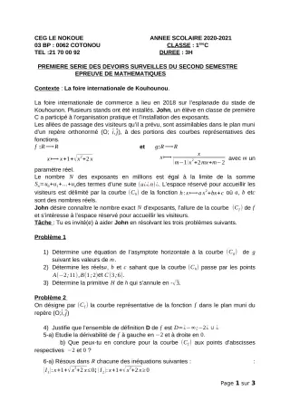 Première page de Mathématiques 1ère C — 1er devoir surveillé, 2e semestre (2020-2021) · CEG LE NOKOUE