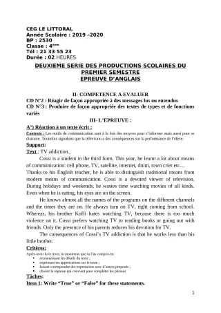 Première page de Anglais 4e — 2e production scolaire, 1er semestre (2019-2020) · CEG Le Littoral