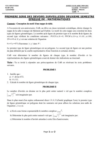 Première page de Mathématiques Tle C — 1er devoir surveillé, 2e semestre (2020-2021) · CEG HOUEYIHO