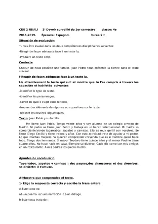 Première page de Espagnol 4e, 4e ML — 2e devoir surveillé, 1er semestre (2018-2019) · CEG 2 N'DALI