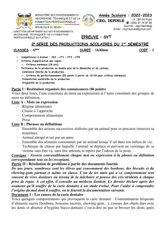 Première page de SVT 6e, 5e, 4e, 4e ML, 3e, 3e ML, 2nde A, 2nde A1, 2nde A2, 2nde C, 2nde D, 1ère A, 1ère A1, 1ère A2, 1ère C, 1ère D, Tle A1, Tle A2, Tle C, Tle D — 2e production scolaire, 1er semestre (2022-2023) ·