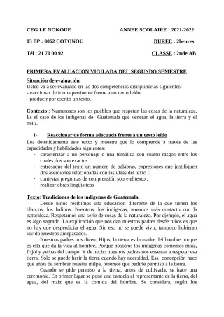 Première page de Espagnol 2nde A1, 2nde A2, 2nde B — 2021-2022 · CEG LE NOKOUE