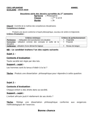 Première page de Philosophie 2nde A, 2nde A1, 2nde A2, 2nde B, 2nde C, 2nde D, 1ère A, 1ère A1, 1ère A2, 1ère C, 1ère D, Tle A1, Tle A2, Tle C, Tle D — 2e devoir surveillé, 2e semestre (2019-2020) · CEG1 APLAHOUE
