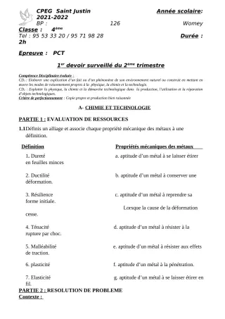 Première page de PCT 4e, 1ère D — 1er devoir surveillé, 2e trimestre (2021-2022) · CPEG SAINT Justin