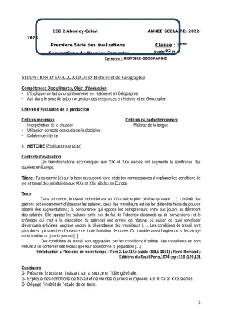 Première page de Histoire-Géographie 3e — 1re évaluation sommative, 1er semestre (2022-2023) · CEG2 ABOMEY - CALAVI (CEG ZOCA)