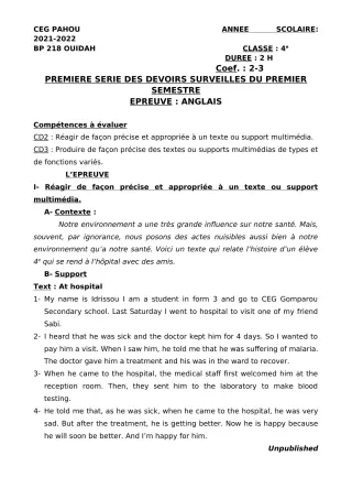 Première page de Anglais 4e — 1er devoir surveillé, 1er semestre (2021-2022) · CEG PAHOU