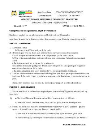 Première page de Histoire-Géographie 6e — 2e devoir surveillé, 2e semestre (2020-2021) · CEG SEKERE