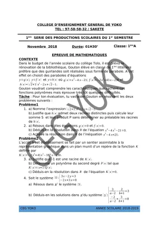 Première page de Mathématiques 1ère A2 — 1re production scolaire, 1er semestre (2018-2019) · CEG Yoko