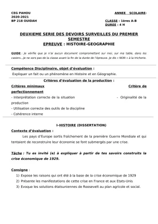 Première page de Histoire-Géographie 1ère A1, 1ère A2, 1ère B — 2e devoir surveillé, 1er semestre (2020-2021) · CEG PAHOU