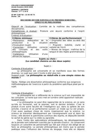 Première page de Philosophie 2nde C, 2nde D — 2e devoir surveillé, 1er semestre (2019-2020) · CEG L'Entente