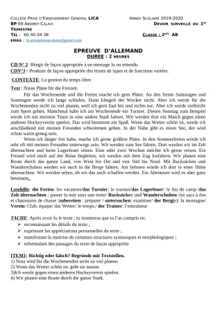 Première page de Allemand 2nde A2, 2nde B — Devoir surveillé, 1er trimestre (2019-2020) · CPEG LICA