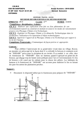 Première page de PCT 6e, 5e, 4e ML&MC, 3e — 2e devoir surveillé, 2e semestre (2019-2020) · CEG Dantokpa