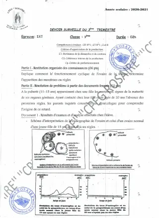 Première page de SVT 3e, 3e ML — 1er devoir surveillé (2020-2021) · CPEG ROSAIRE