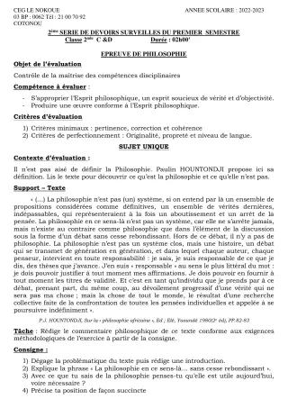 Première page de Philosophie 2nde C, 2nde D — 2e devoir surveillé, 1er semestre (2022-2023) · CEG LE NOKOUE