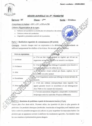Première page de SVT 5e — 1er devoir surveillé (2020-2021) · CPEG ROSAIRE