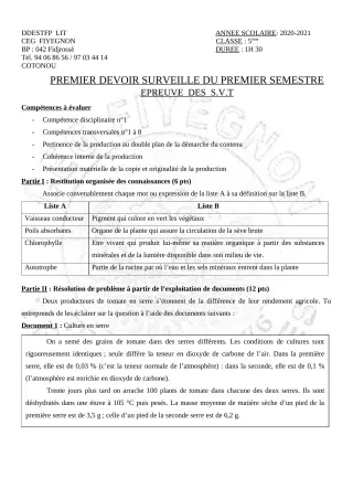 Première page de SVT 5e — 1er devoir surveillé, 1er semestre (2020-2021) · CEG FIYEGNON