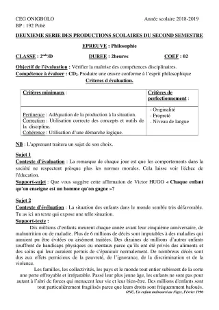 Première page de Philosophie 2nde D — 2e production scolaire, 2e semestre (2018-2019) · CEG ONIGBOLO