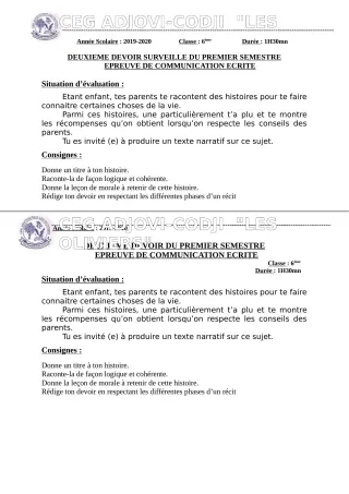 Première page de Français 6e — 2e devoir surveillé, 1er semestre (2019-2020) · CEG ADJOVICODJI 'LES OLIVIERS'