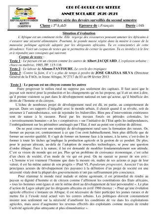 Première page de Français Tle A2 — 1er devoir surveillé, 2e semestre (2020-2021) · CEG SEKERE