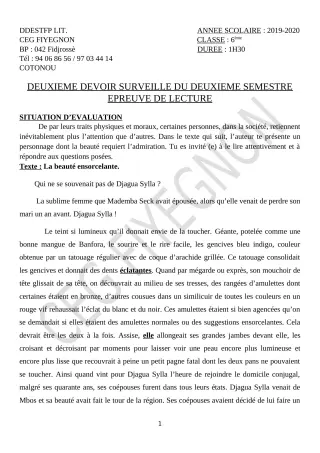 Première page de Français 6e — 2e devoir surveillé, 2e semestre (2019-2020) · CEG FIYEGNON