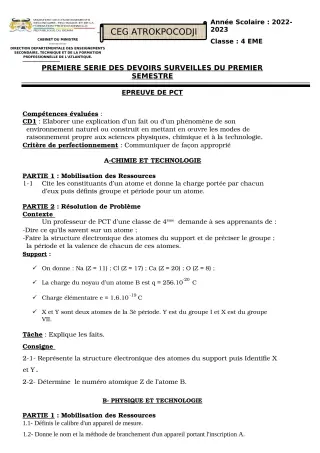Première page de PCT 4e — 1er devoir surveillé, 1er semestre (2022-2023) · CEG ATROKPOCODJI