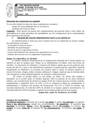 Première page de Espagnol 3e ML — 2e devoir surveillé, 1er semestre (2019-2020) · CEG 1 Akpakpa-Centre
