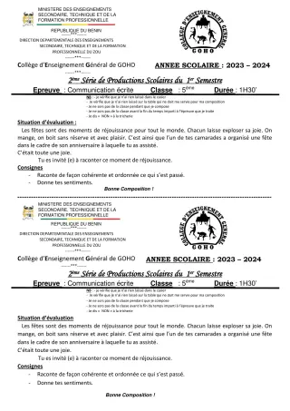 Première page de Français 5e — 2e production scolaire, 1er semestre (2023-2024) · CEG GOHO